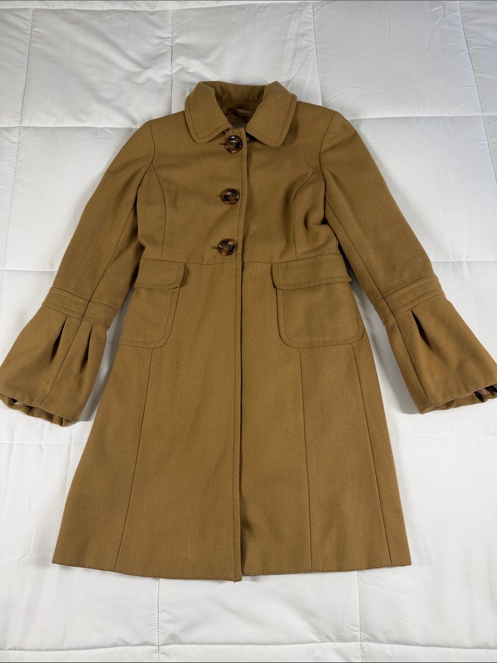 Vintage Old Navy Wool Camel Trench Coat with Flared Pleated Cuffs XS